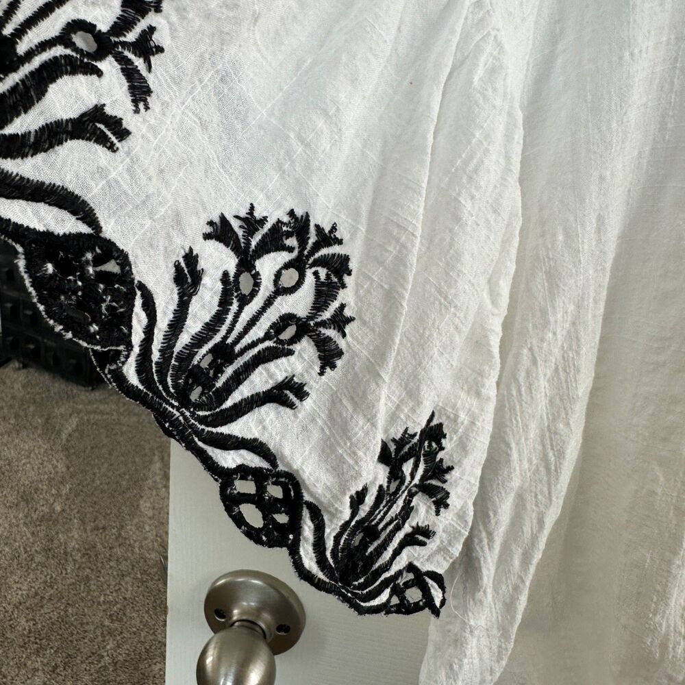 max studio boho embroidered kimono blouse black white relaxed artisan top size m - Picture 3 of 9
